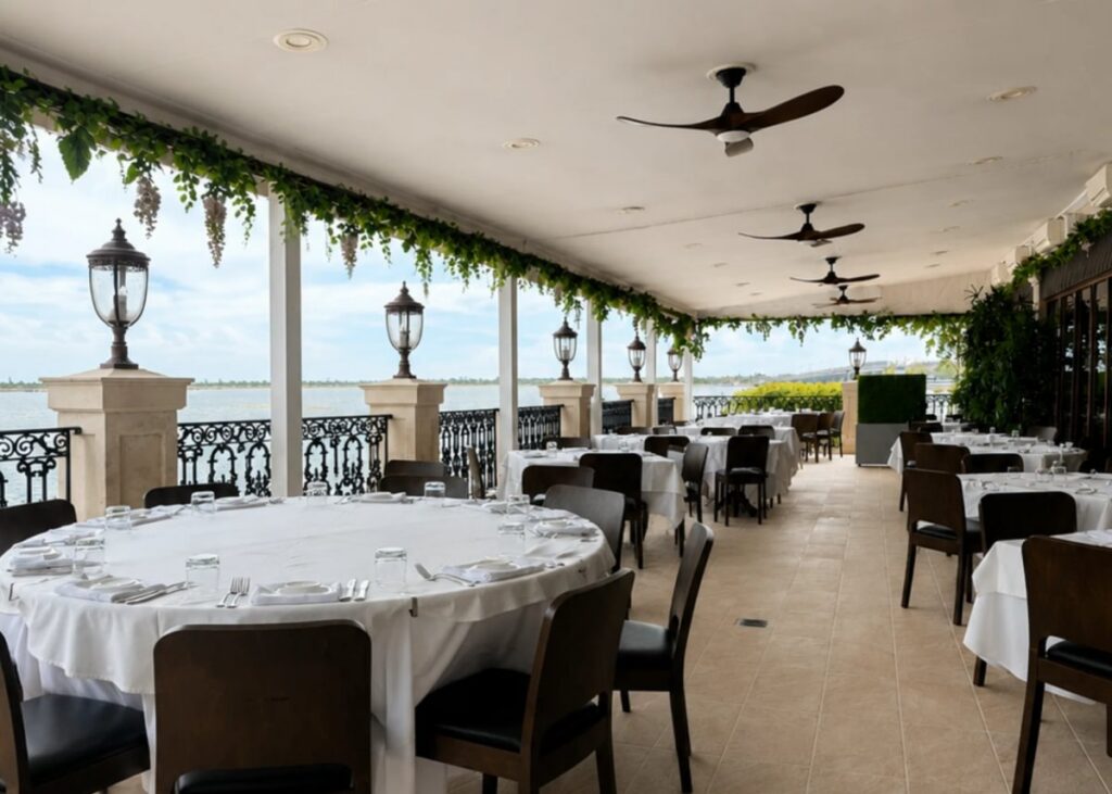 Vetro’s waterfront dining area beside the marina