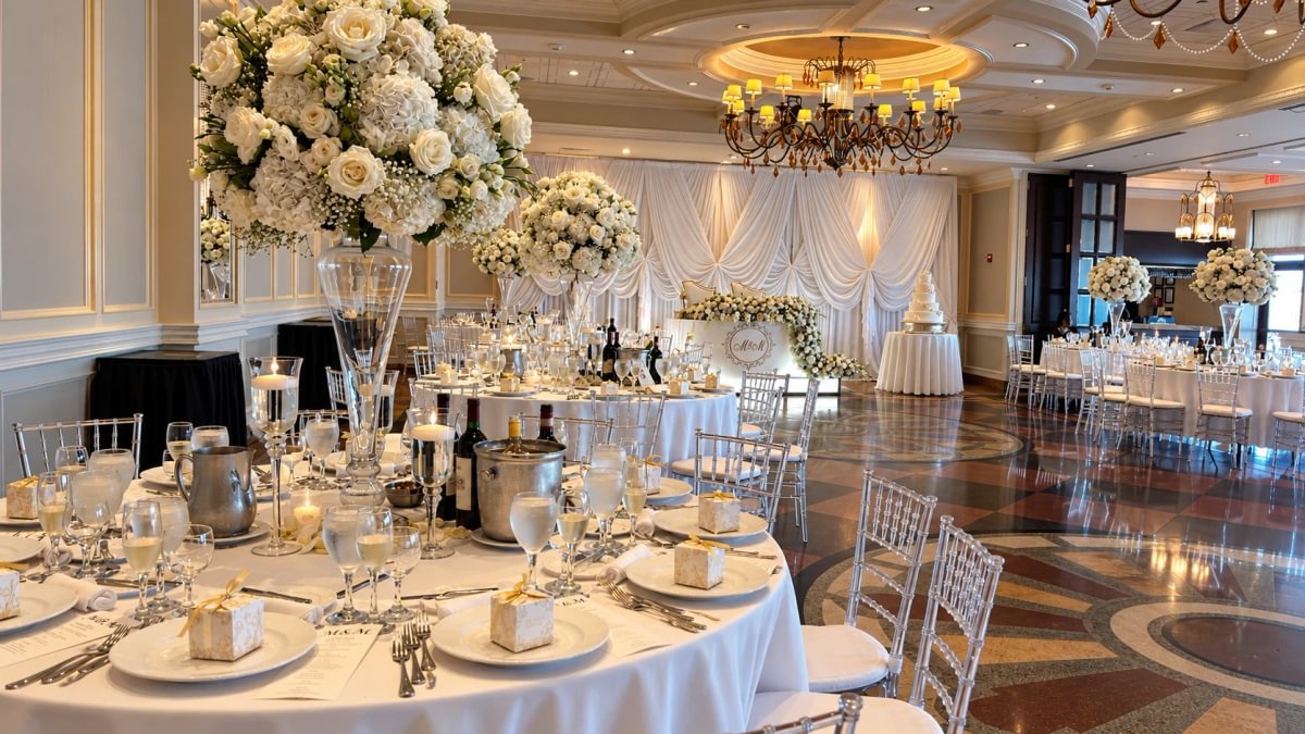 The Murano Room set for a wedding reception with white flowers