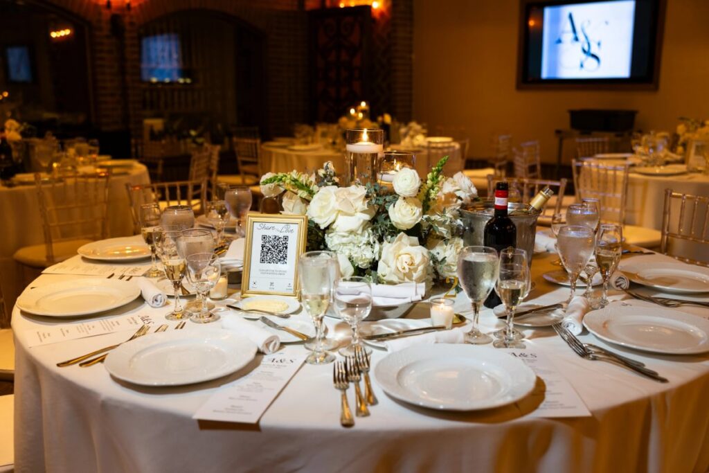 Wine Cellar wedding reception set with flowers and candles